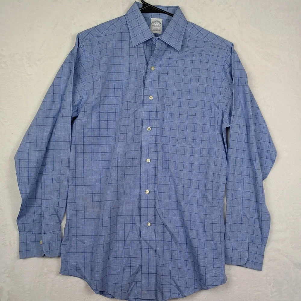 Brooks‎ Brothers Mens 15-33 Slim Fit Non-Iron Cotton Blue Glen Plaid Dress Shirt
